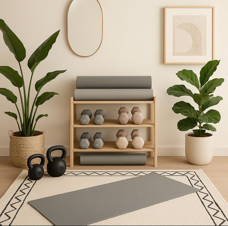 Illustration of an organized home exercise area with mat and resistance bands